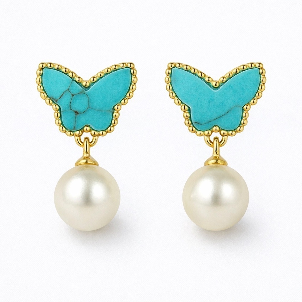Gold and Turquoise Butterfly Pearl Earrings.